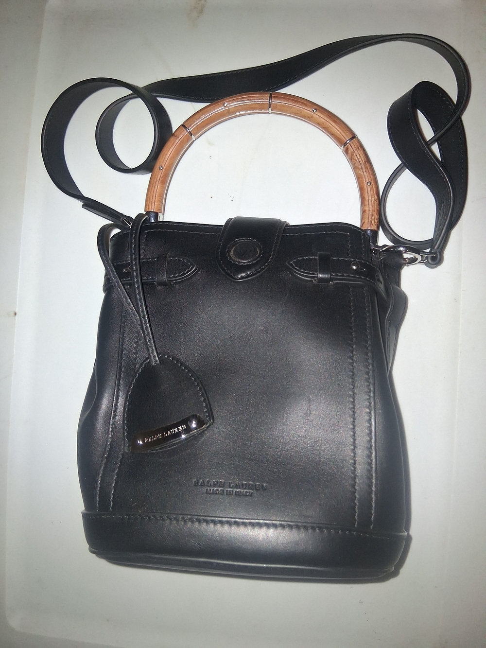 Ralph Lauren Black Leather Mini Bucket Bag with Bamboo Handle